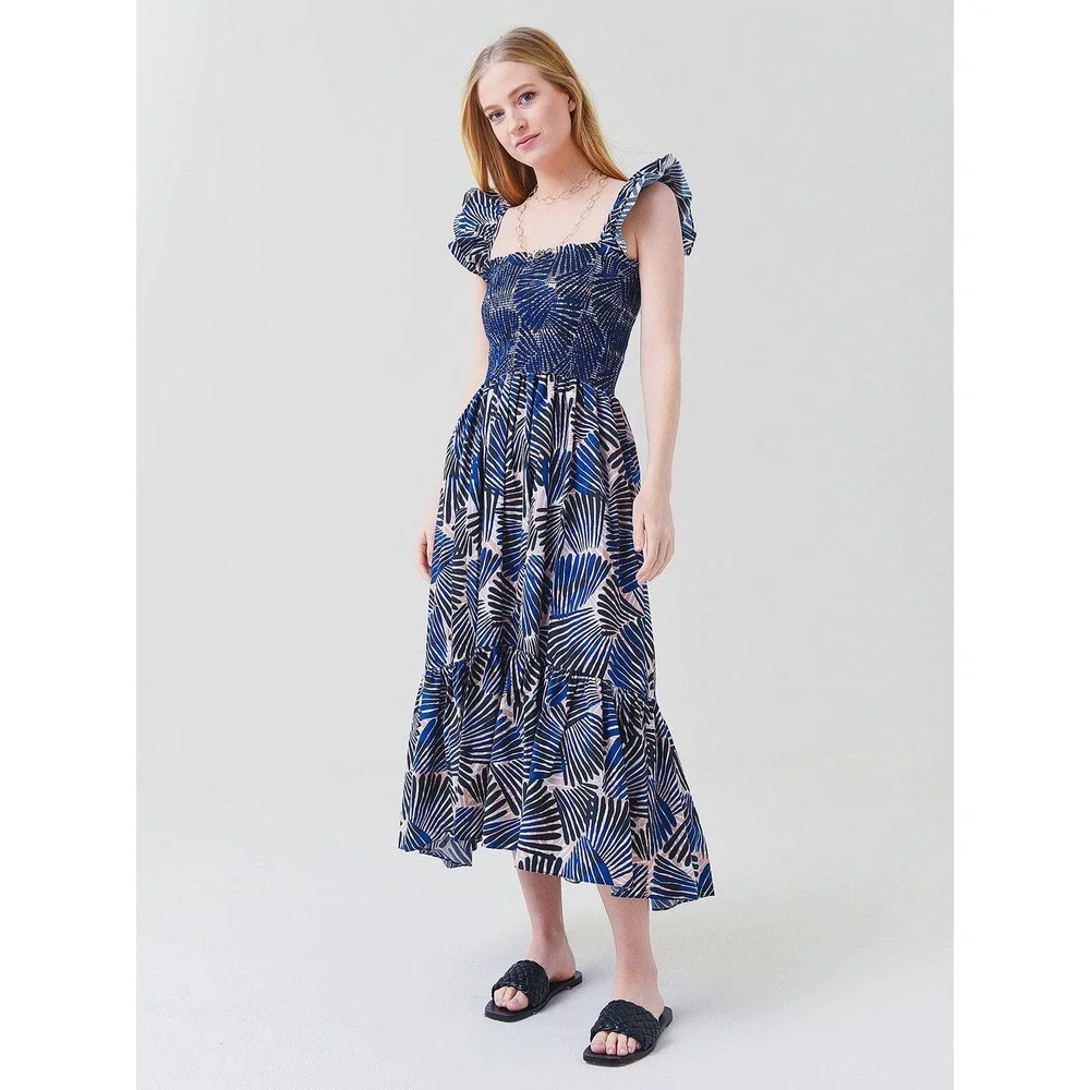 Cara Cara Blue Palm Print Smocked Midi Dress Ruffle Sleeve Cotton Medium - Picture 1 of 6